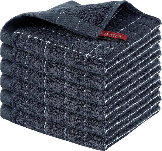 100% Cotton Terry Kitchen Dish Cloths, 6 Pack, Dark Grey | Ultra Soft and Absorbent, Suitable for Drying and Washing Dishes