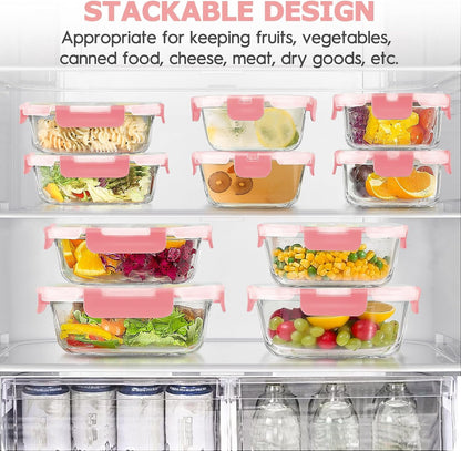 34Pcs Glass Food Storage Containers with Lids Set, Airtight Meal Prep Containers (17 Containers & 17 Lids), Pink