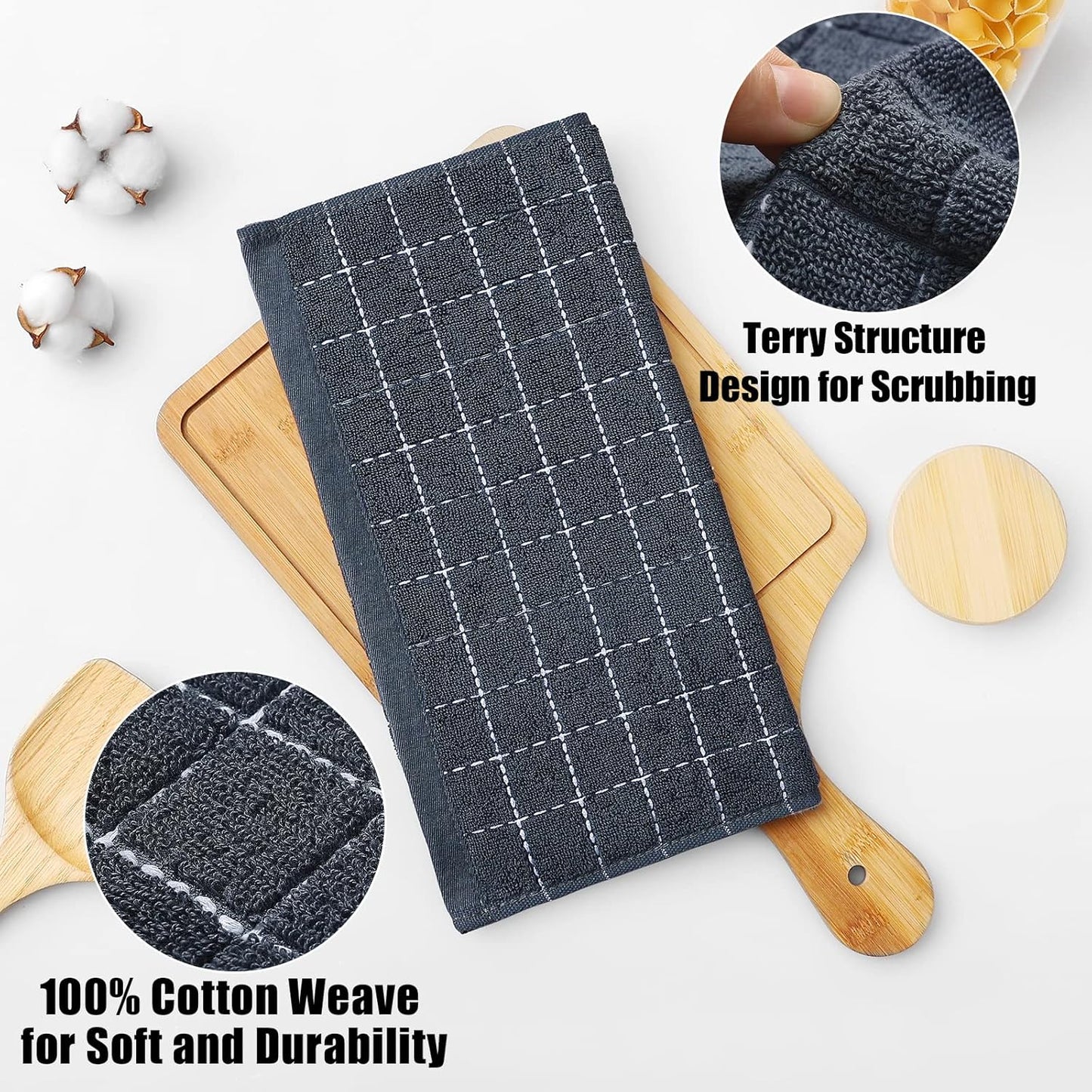100% Cotton Terry Kitchen Dish Cloths, 6 Pack, Dark Grey | Ultra Soft and Absorbent, Suitable for Drying and Washing Dishes