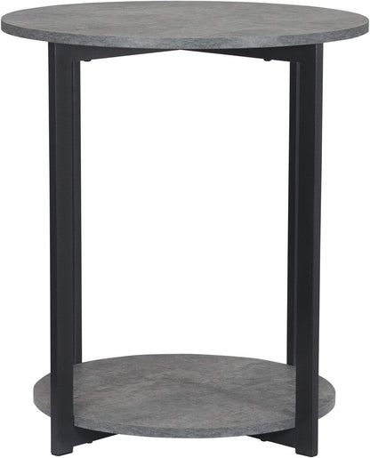 Jamestown round Side End Table with Storage Shelf Rustic Slate Concrete and Black Metal