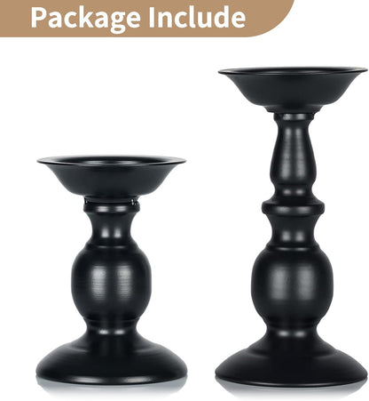 Black Candle Holder for Pillars: Rustic Metal Candle Stands Set | Tall Retro Farmhouse Candleholder 2 Pcs (S + L) for Halloween Fall Easter Fireplace Home Table Centerpiece