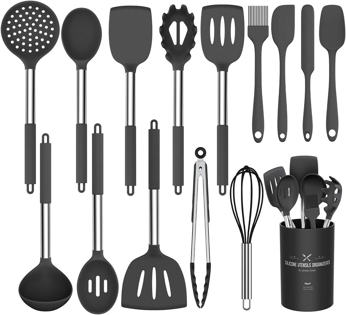 Silicone Cooking Utensil Set,  15Pcs Silicone Cooking Kitchen Utensils Set, Non-Stick - Best Kitchen Cookware with Stainless Steel Handle - Black Kitchen Utensils