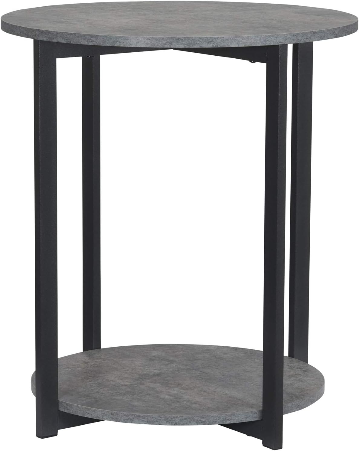 Jamestown round Side End Table with Storage Shelf Rustic Slate Concrete and Black Metal