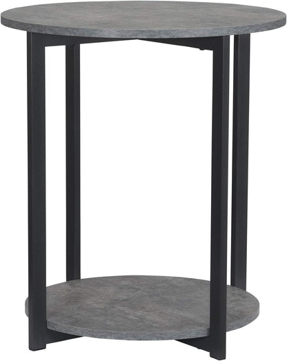 Jamestown round Side End Table with Storage Shelf Rustic Slate Concrete and Black Metal