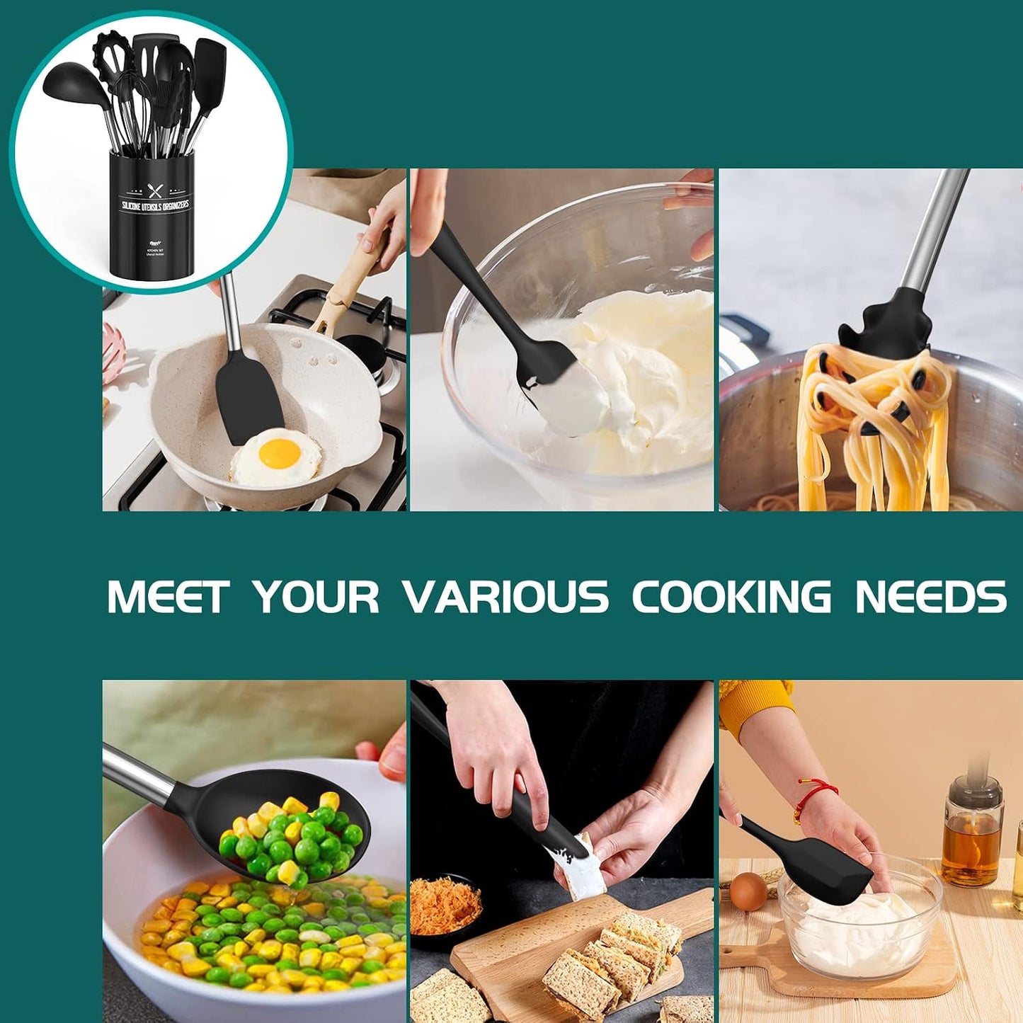 Silicone Cooking Utensil Set,  15Pcs Silicone Cooking Kitchen Utensils Set, Non-Stick - Best Kitchen Cookware with Stainless Steel Handle - Black Kitchen Utensils