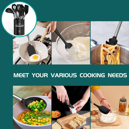 Silicone Cooking Utensil Set,  15Pcs Silicone Cooking Kitchen Utensils Set, Non-Stick - Best Kitchen Cookware with Stainless Steel Handle - Black Kitchen Utensils