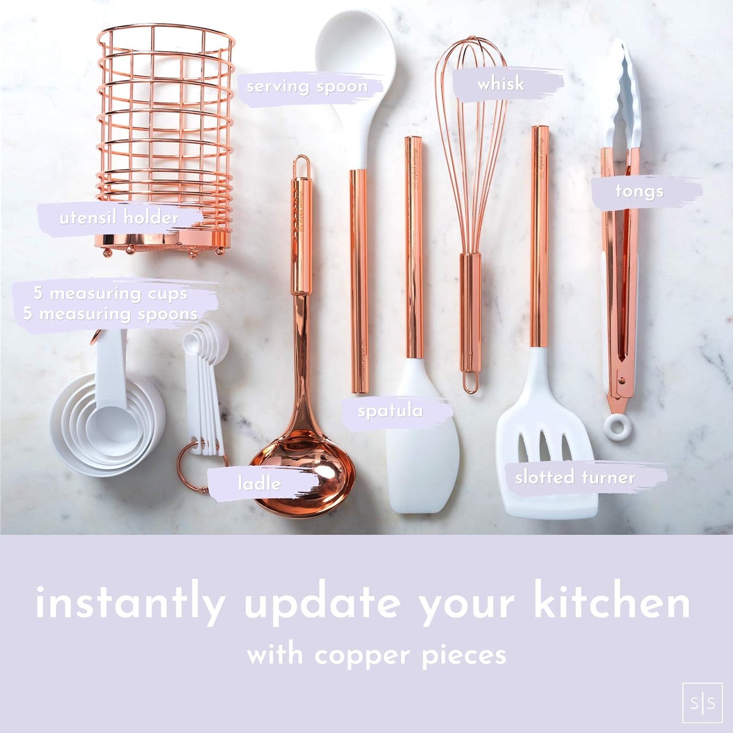 Copper Kitchen Utensils Set with Holder, 17-Piece | Cooking Tools for Nonstick Cookware, with Measuring Cups, Spoons, & Utensil Holder - Stylish Copper Kitchen Accessories