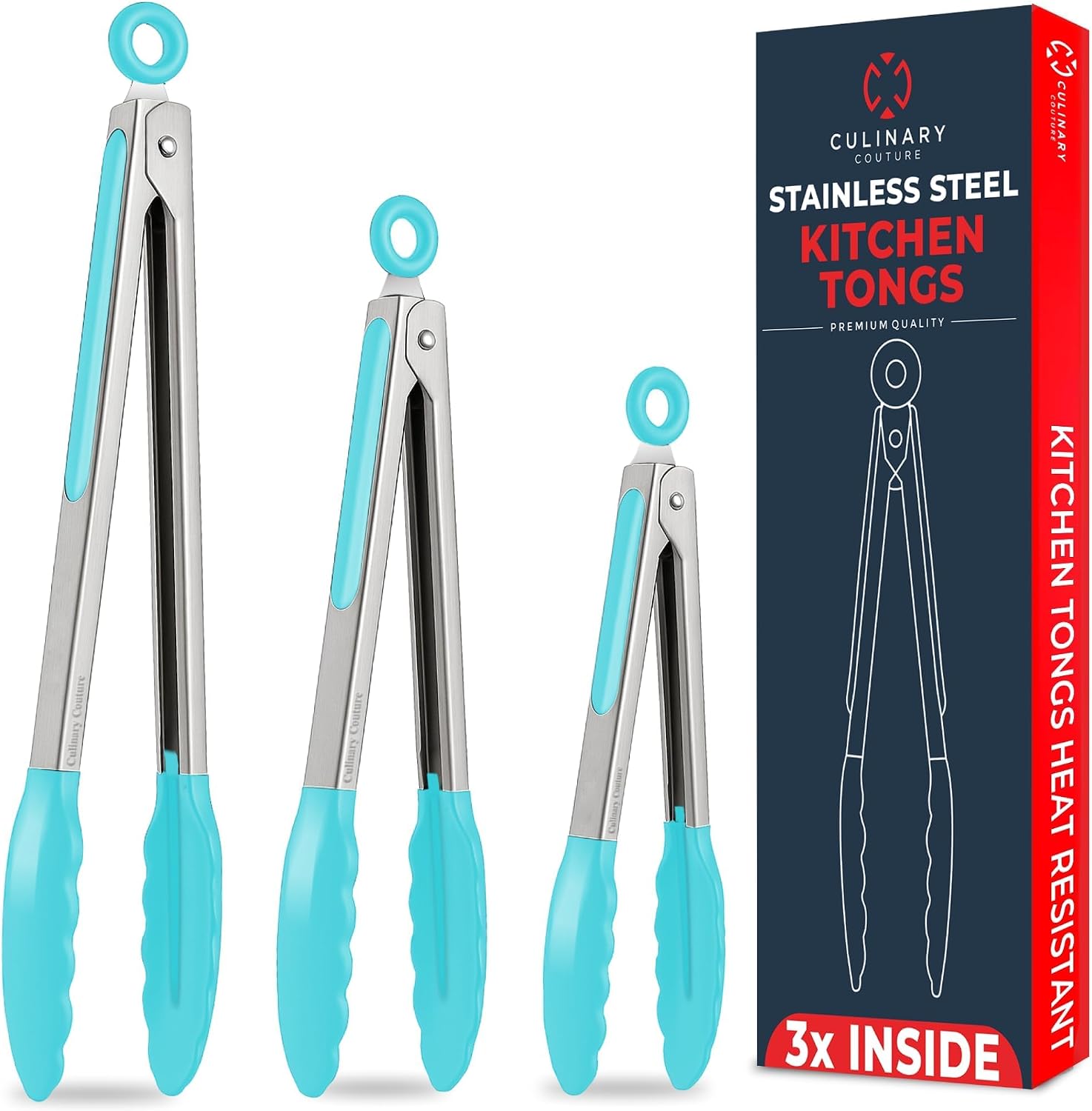 Kitchen Tongs with Silicone Tips Set of 3 Heat Resistant Tongs for Serving Food, 7-Inch, 9-Inch, 12-Inch Locking Silicone Tongs for Cooking, Salad Tong, Aqua Kitchen Utensils
