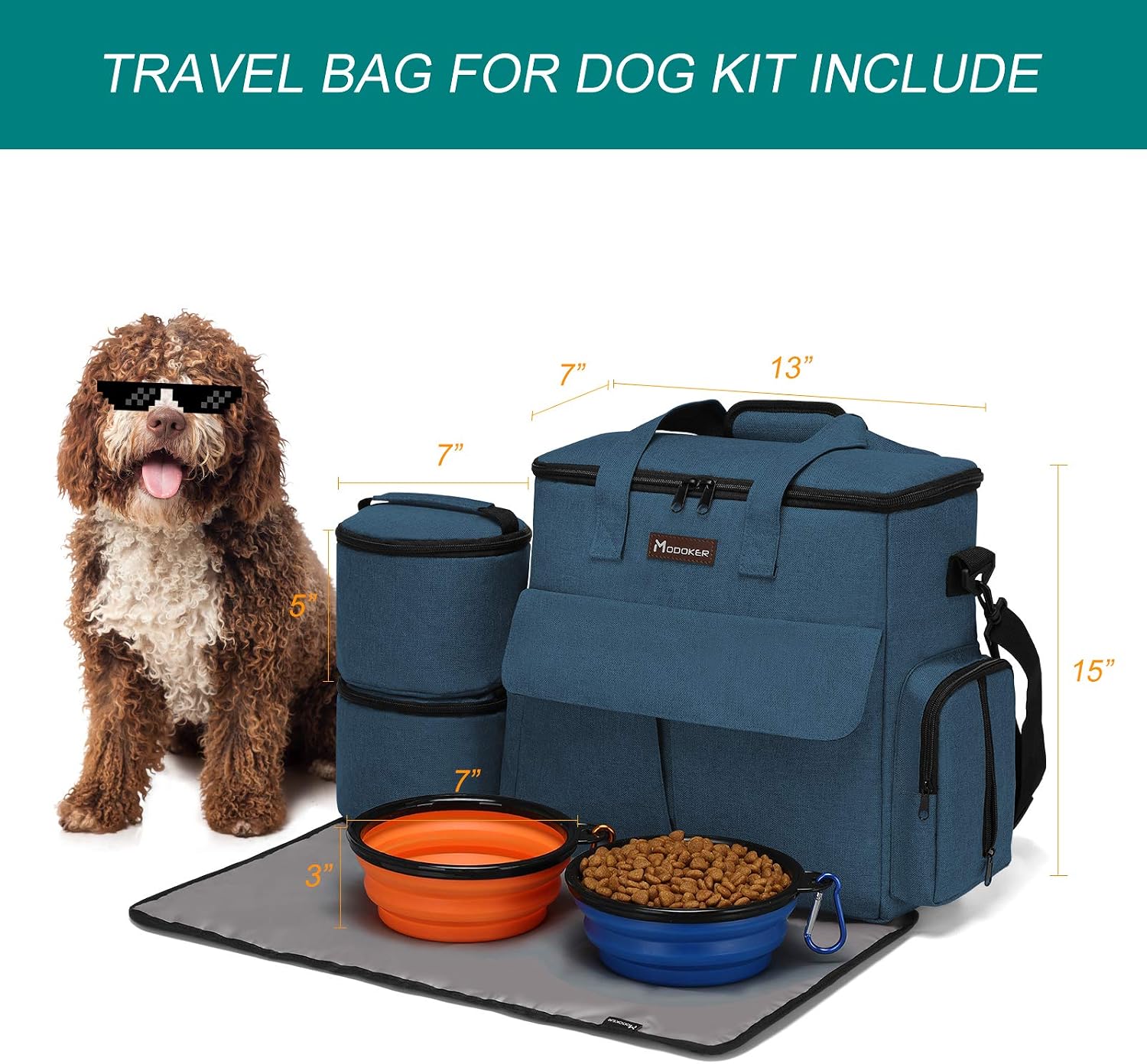Dog Travel Bag with 2 Food Bags, 2 Bowls and 1 Mat (Blue) | Roomy Main Compartment | Multiple Functional Pockets | Water-Resistant Oxford Fabric | PVC Backing | Leak-Resistant Lining