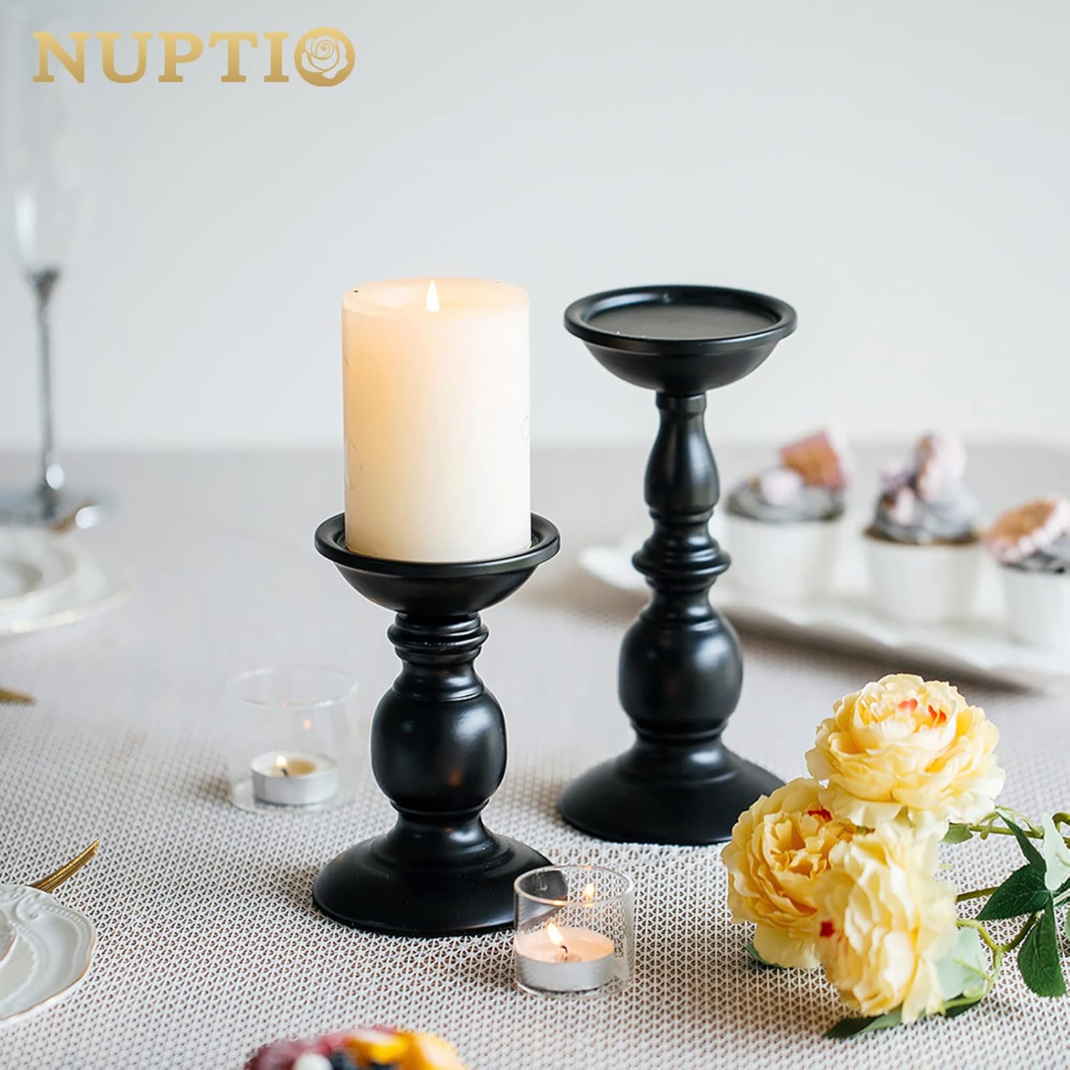 Black Candle Holder for Pillars: Rustic Metal Candle Stands Set | Tall Retro Farmhouse Candleholder 2 Pcs (S + L) for Halloween Fall Easter Fireplace Home Table Centerpiece