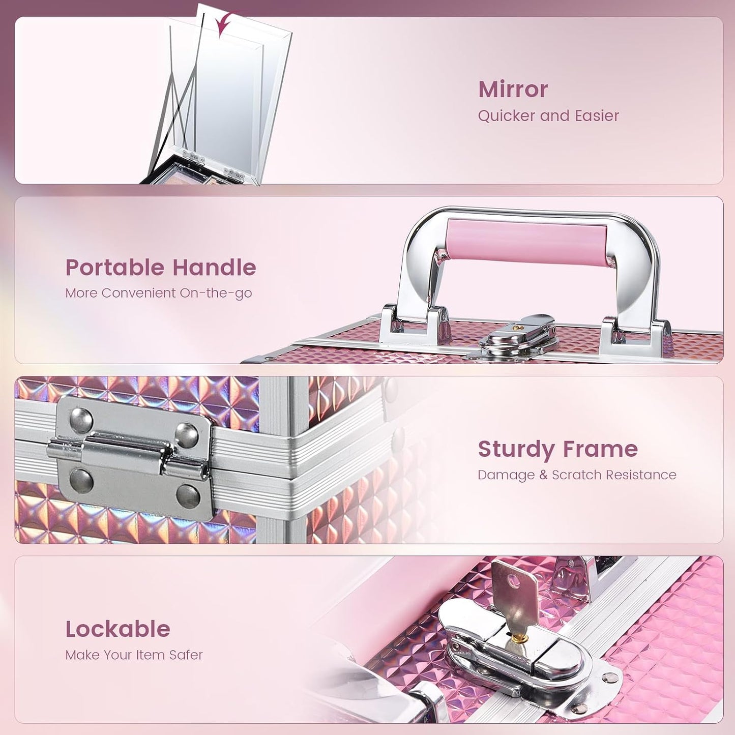 Makeup Train Case Makeup Case Organizer Portable Cosmetic Box Storage with 2 Trays Mirror Locking Make up Travel Case for Nail Kits Cosmetics Craft Traveling Makeup Box Mermaid Pink