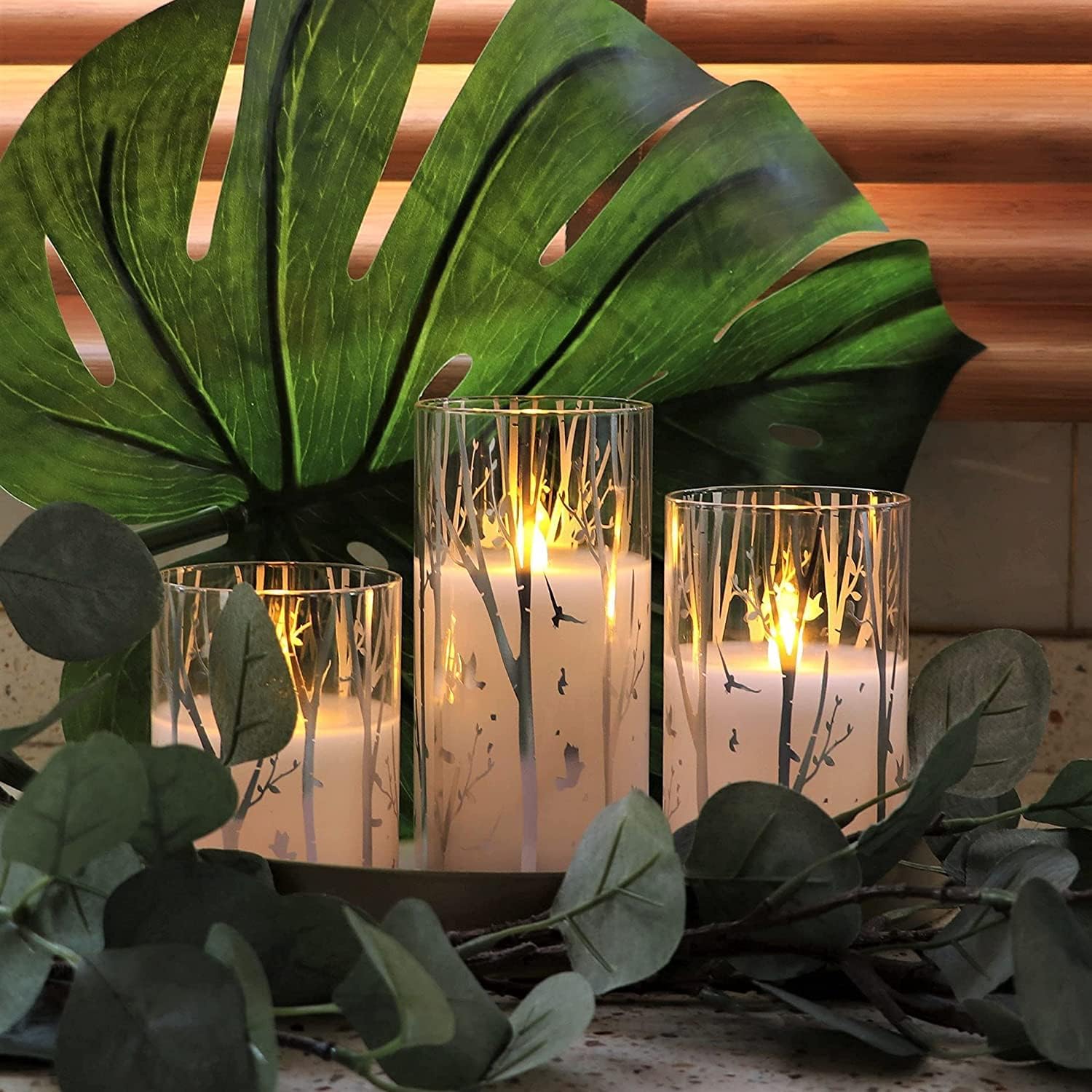 Birch Design Glass Battery Operated LED Candles with Timer, Flameless Pillar Candles Spring & Summer Decor- Include 6 Batteries