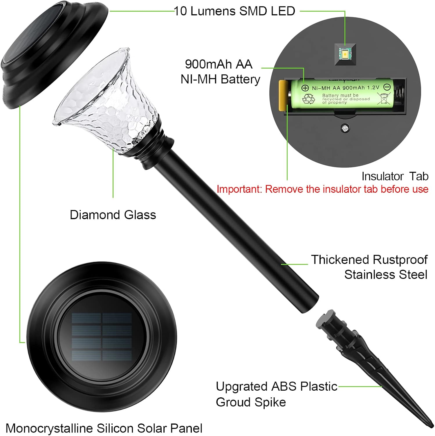 Glass Solar Lights Outdoor Waterproof, 8 Pack Super Bright Solar Pathway Lights, up to 12 Hrs Long Last Auto On/Off Garden Lights Solar Powered, Stainless Steel LED Light for Yard Landscape Cool White