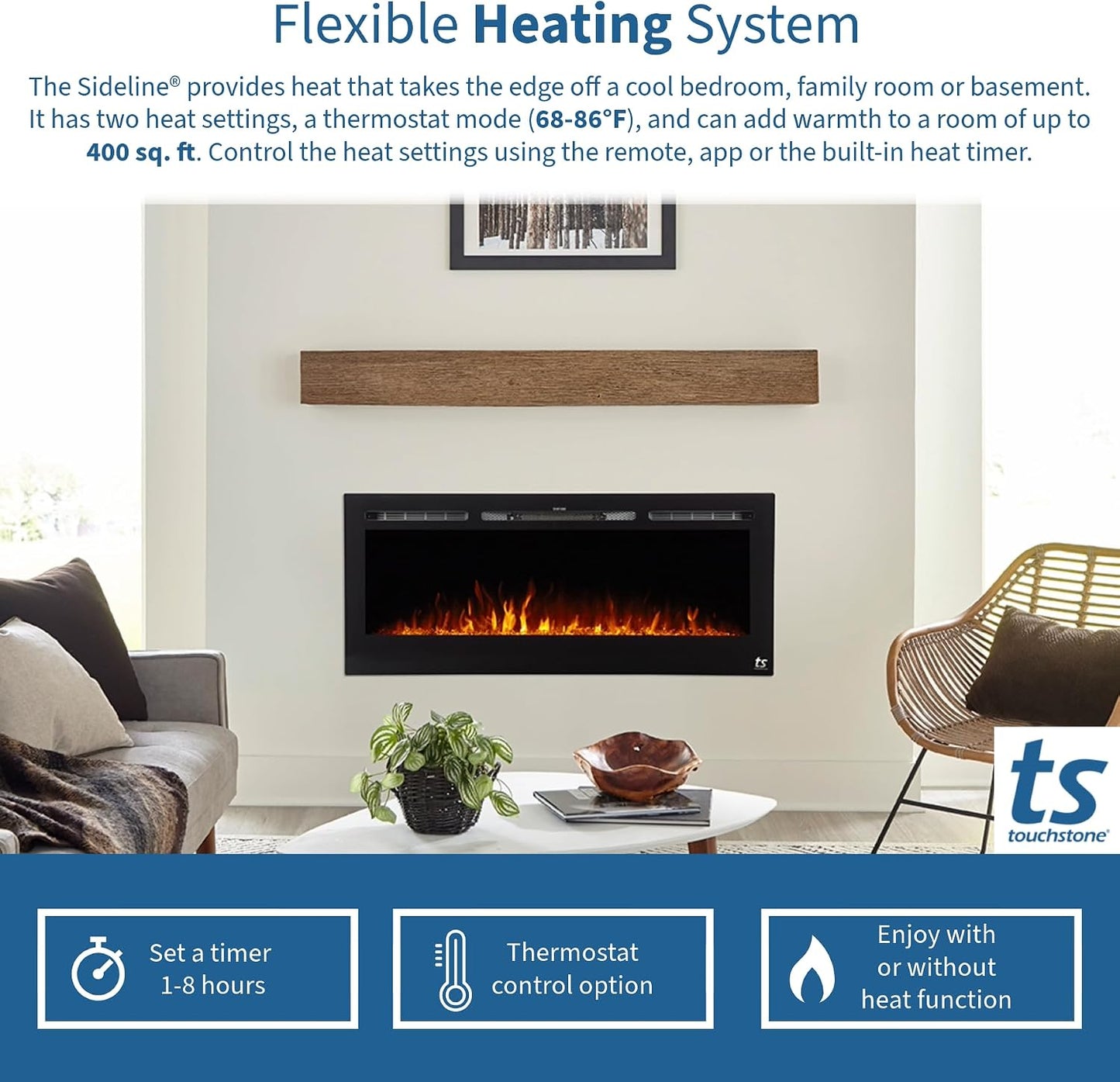 Smart Electric Fireplace-The Forte 40" Recessed Mounted-30 Realistic Ember Color/Flame Options-1,500W Heater W/Thermostat-Black-Log & Crystal Hearth Options-Alexa/Wifi Enabled