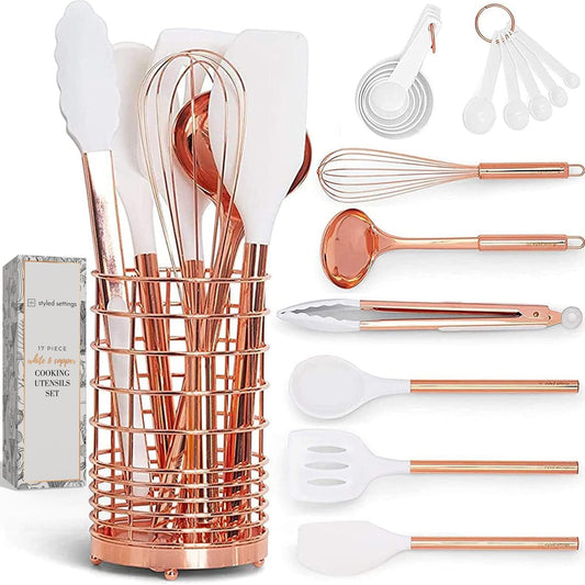 Copper Kitchen Utensils Set with Holder, 17-Piece | Cooking Tools for Nonstick Cookware, with Measuring Cups, Spoons, & Utensil Holder - Stylish Copper Kitchen Accessories