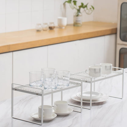 Cabinet Shelf Organizer, Pantry Shelf Rack, White 13X8.3X7.3 | 2-Pack Stackable Metal Riser Holds 40LBS with Non-Slip Feet for Kitchen Pantry Bathroom Countertop Freezer Cupboard