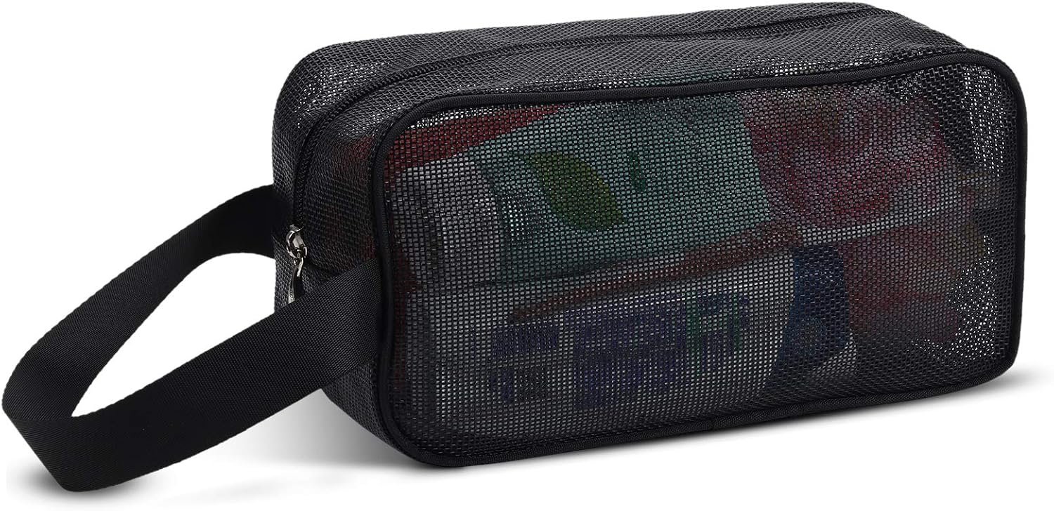 Mesh Shower Caddy Portable Toiletry Bag College Dorm Room Essentials for Girls Guys Gym Bag Camping Organizer Hanging Bathroom Mesh Bag, Black