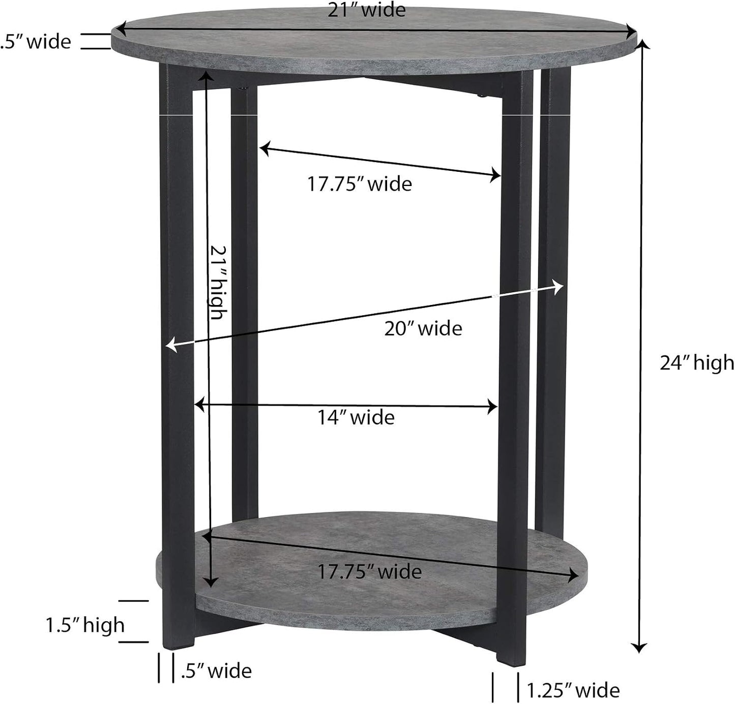 Jamestown round Side End Table with Storage Shelf Rustic Slate Concrete and Black Metal