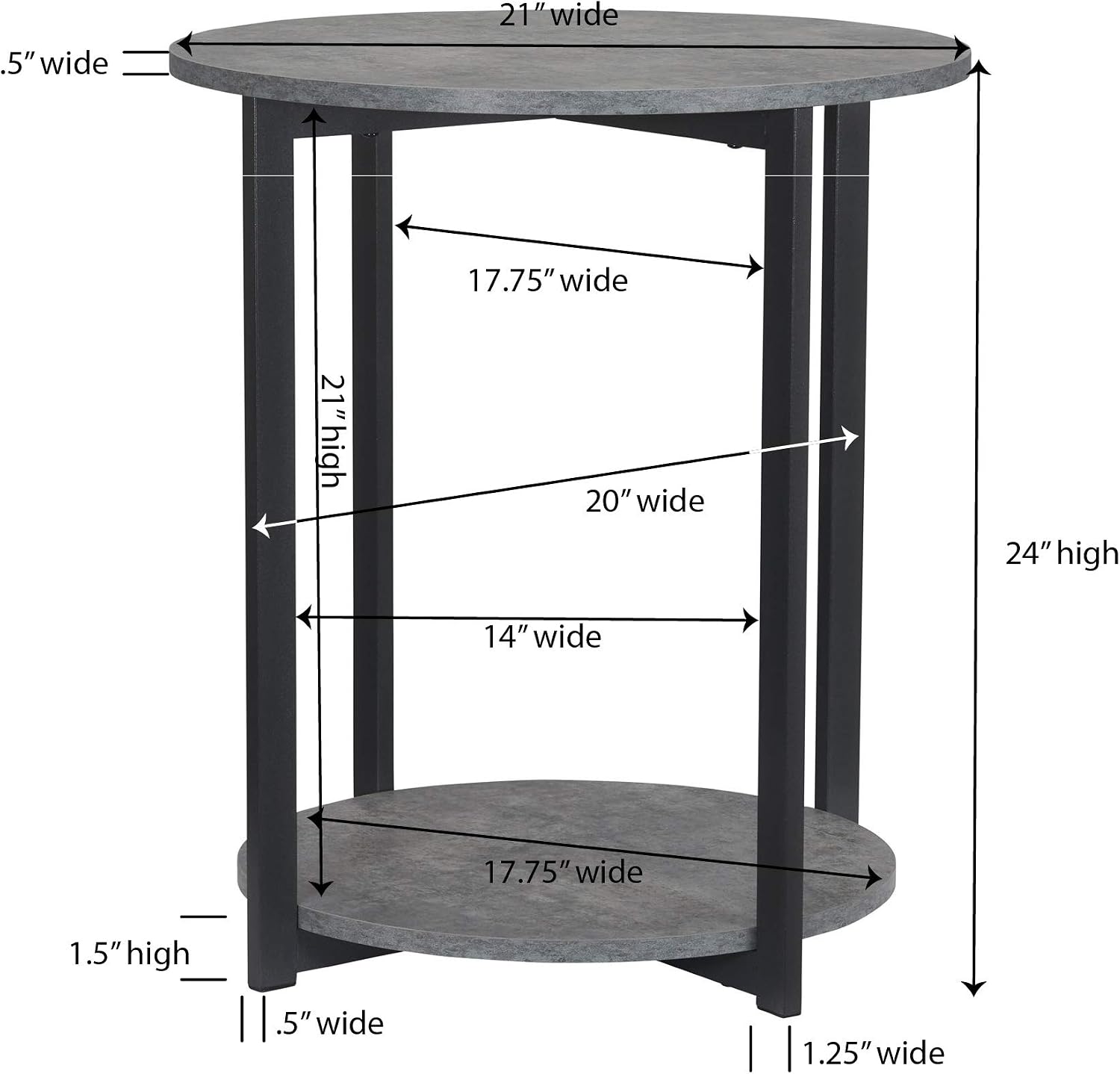 Jamestown round Side End Table with Storage Shelf Rustic Slate Concrete and Black Metal