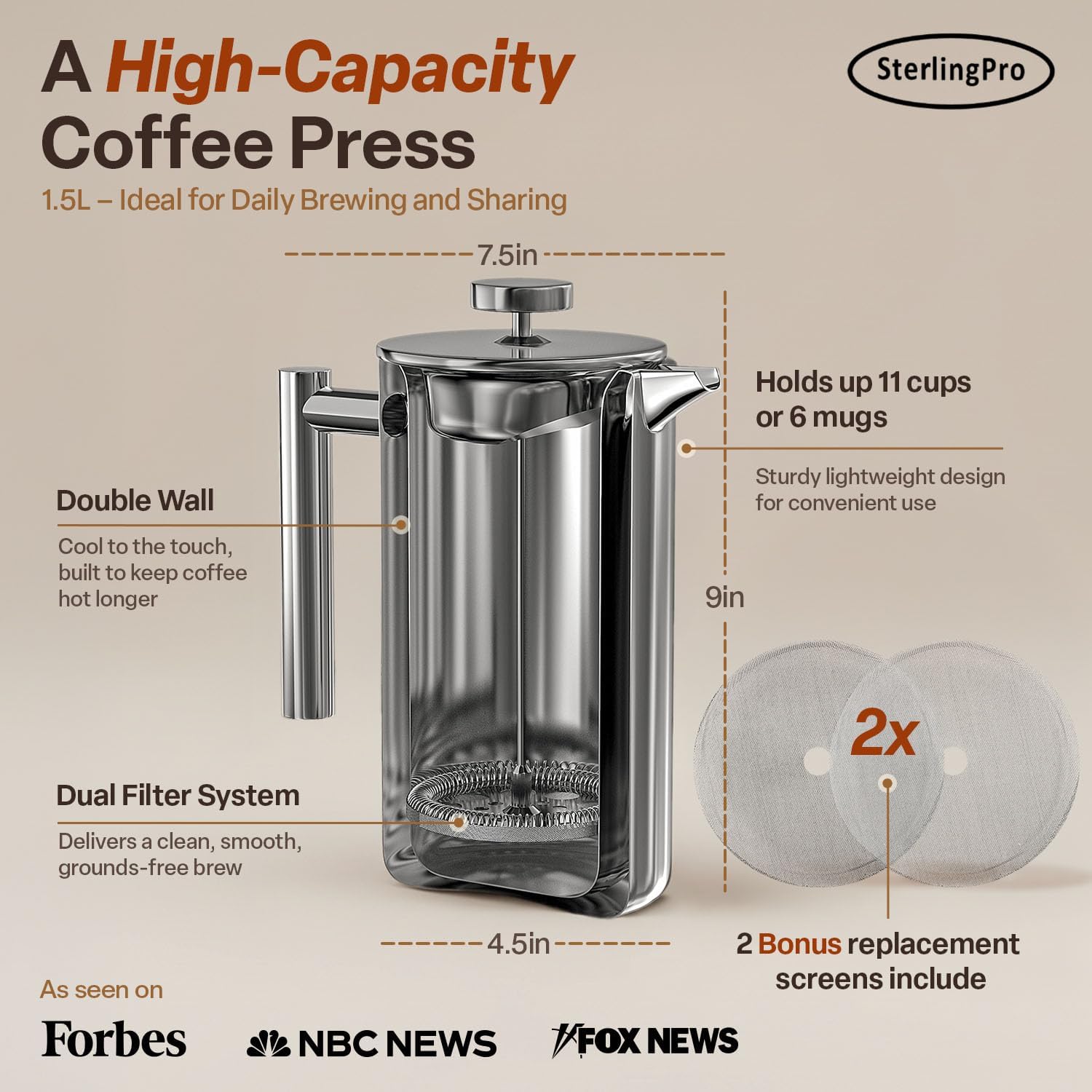 Large Insulated Stainless Steel French Press Coffee Maker 51Oz Capacity (44 Oz Brew Yield) – Double Wall Metal Coffee Press | Plastic Free | Cool-Touch | Mirror Finish | 12 Cups / 6 Mugs