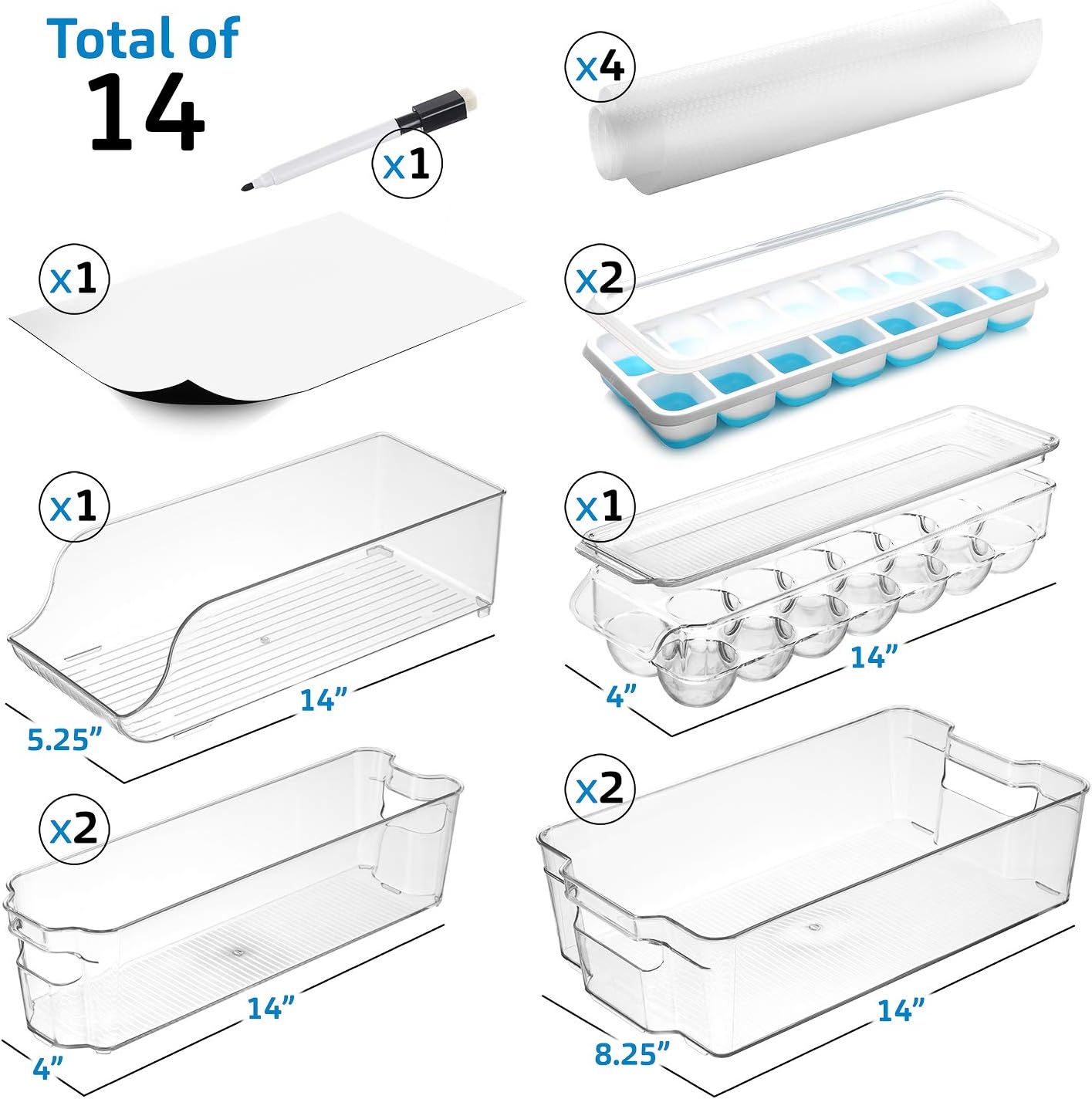 Fridge Organizer - 14 Piece Refrigerator Organizer Bins - Stackable Freezer Organizer - Clear Refrigerator Organizer - Acrylic Fridge Bins, (VDS-SB-BIN-14SET)