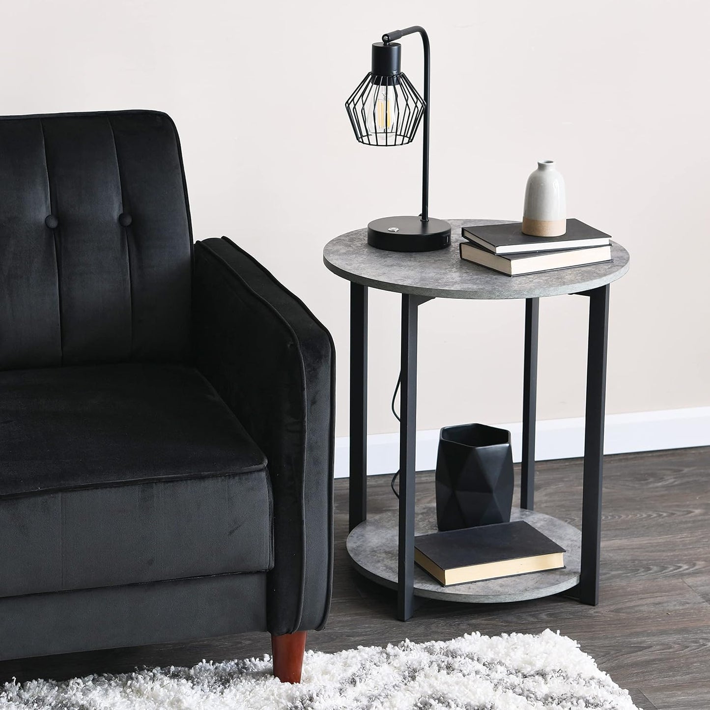 Jamestown round Side End Table with Storage Shelf Rustic Slate Concrete and Black Metal