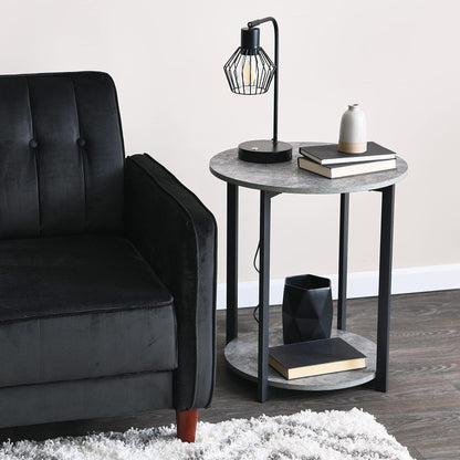 Jamestown round Side End Table with Storage Shelf Rustic Slate Concrete and Black Metal