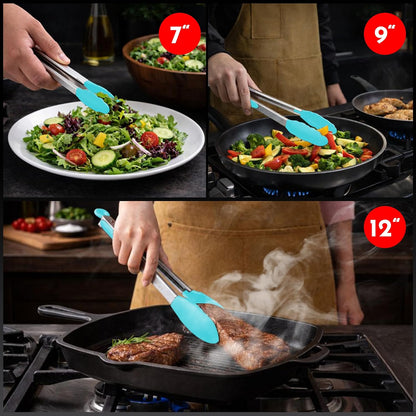 Kitchen Tongs with Silicone Tips Set of 3 Heat Resistant Tongs for Serving Food, 7-Inch, 9-Inch, 12-Inch Locking Silicone Tongs for Cooking, Salad Tong, Aqua Kitchen Utensils