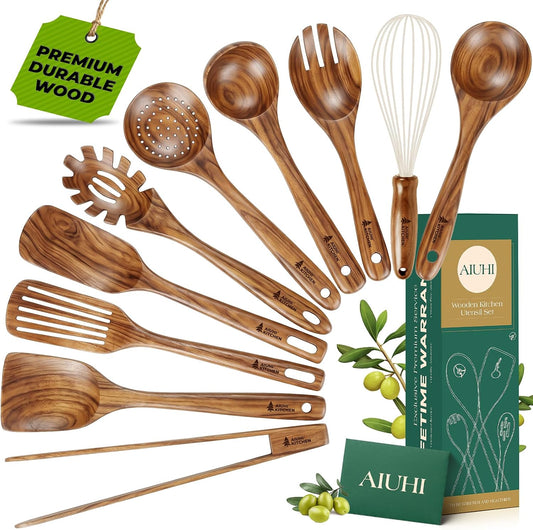 10 Pack Wooden Utensils for Cooking, Wood Utensil Set for Kitchen, Teak Wooden Spoon for Cooking, Non-Stick Spatula Ladle