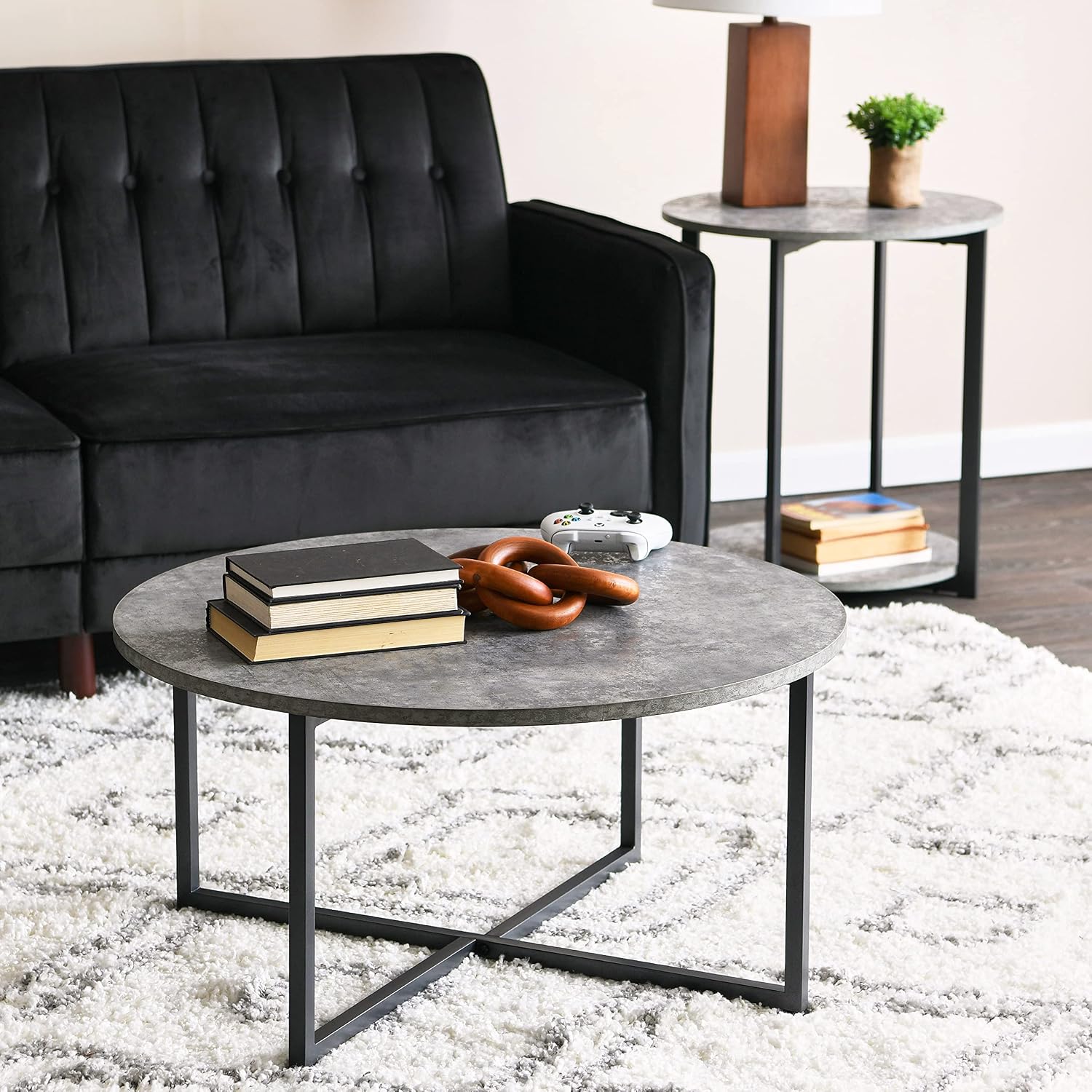 Jamestown round Side End Table with Storage Shelf Rustic Slate Concrete and Black Metal