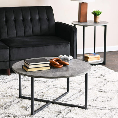 Jamestown round Side End Table with Storage Shelf Rustic Slate Concrete and Black Metal