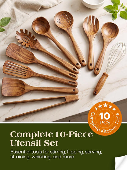 10 Pack Wooden Utensils for Cooking, Wood Utensil Set for Kitchen, Teak Wooden Spoon for Cooking, Non-Stick Spatula Ladle