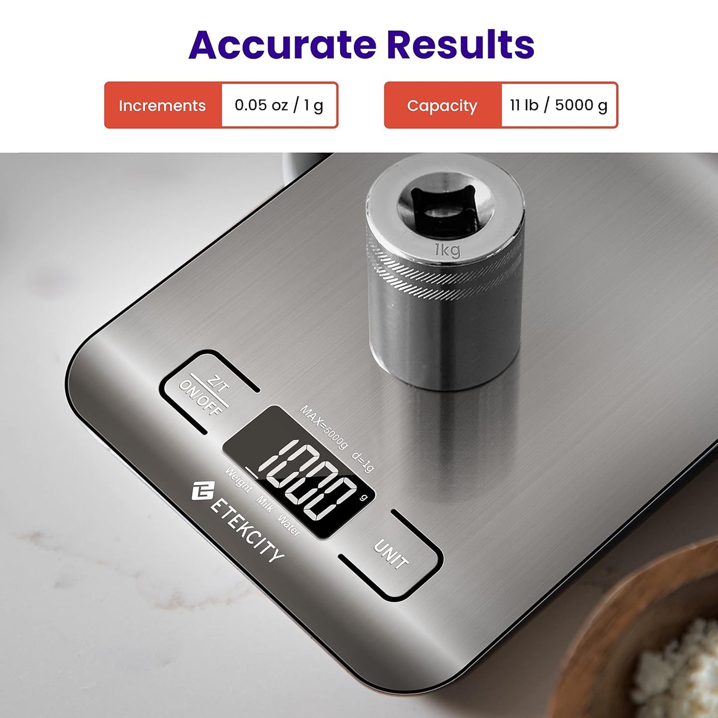 Food Kitchen Scale, Digital Grams and Ounces, 11Lb | Tare Function, Ideal for Baking, Weight Loss, Keto, Meal Prep, Packages, Liquids and Jewelry, 304 Stainless Steel