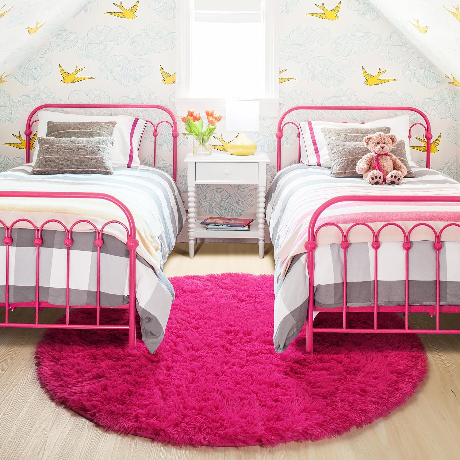 Hot Pink round Rug 4Ft for Girls Bedroom, Fluffy Circle Area Rugs for Kids Room Decor Aesthetic, Shag Plush Fuzzy Furry Carpet for Living Room, Nursery, Dorm, Classroom, Teen, Cute Shaggy Baby Rug