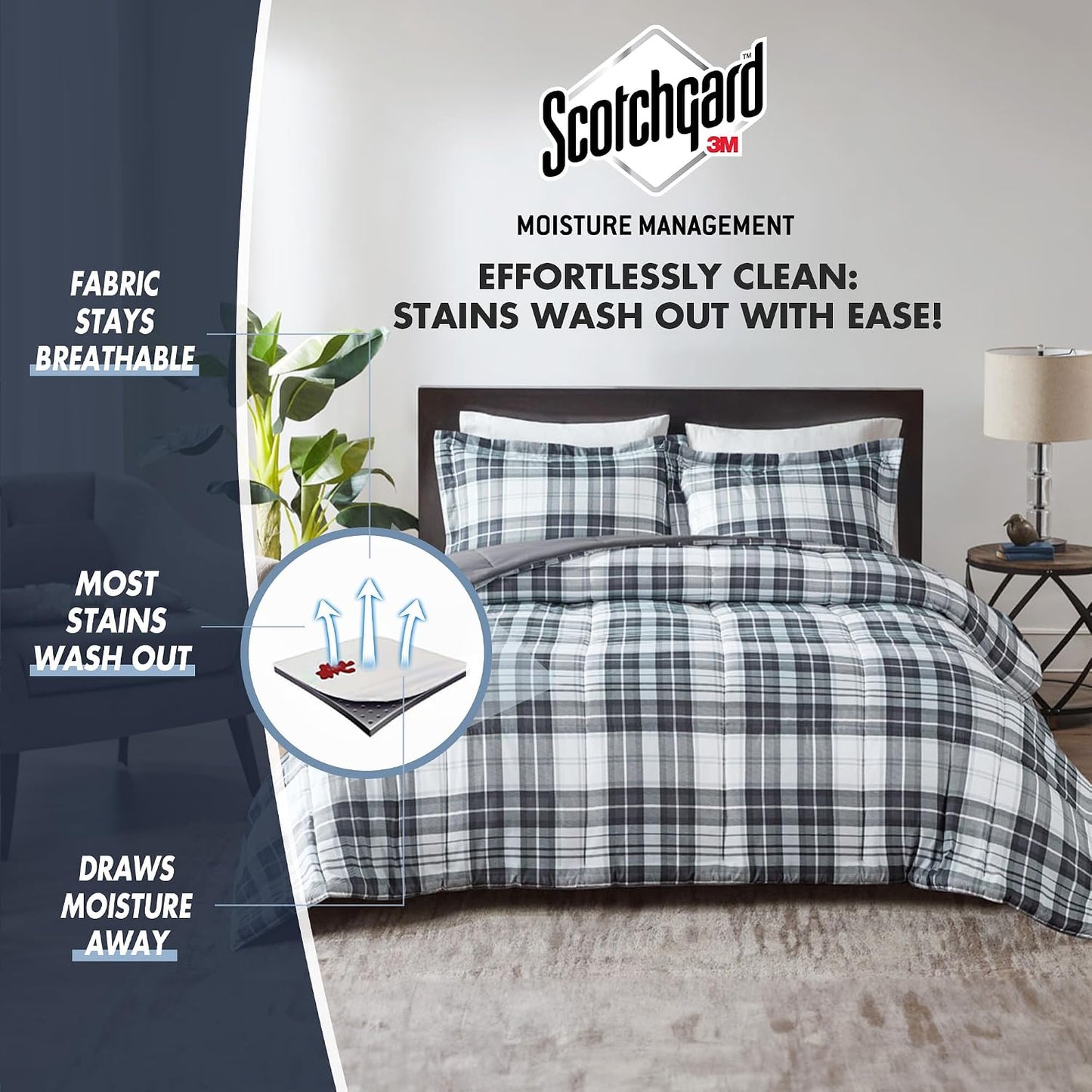 Parkston Plaid Full Queen Comforter Set, 3 Piece Black/White | Soft Microfiber, Cozy Warm All Season Cabin Bedding Set for Boys, Modern, OEKO-TEX, 3M Scotchgard Stain Release