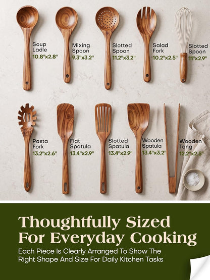 10 Pack Wooden Utensils for Cooking, Wood Utensil Set for Kitchen, Teak Wooden Spoon for Cooking, Non-Stick Spatula Ladle