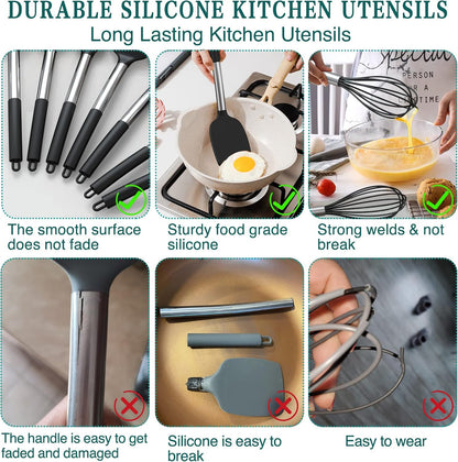 Silicone Cooking Utensil Set,  15Pcs Silicone Cooking Kitchen Utensils Set, Non-Stick - Best Kitchen Cookware with Stainless Steel Handle - Black Kitchen Utensils