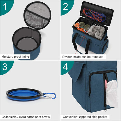Dog Travel Bag with 2 Food Bags, 2 Bowls and 1 Mat (Blue) | Roomy Main Compartment | Multiple Functional Pockets | Water-Resistant Oxford Fabric | PVC Backing | Leak-Resistant Lining