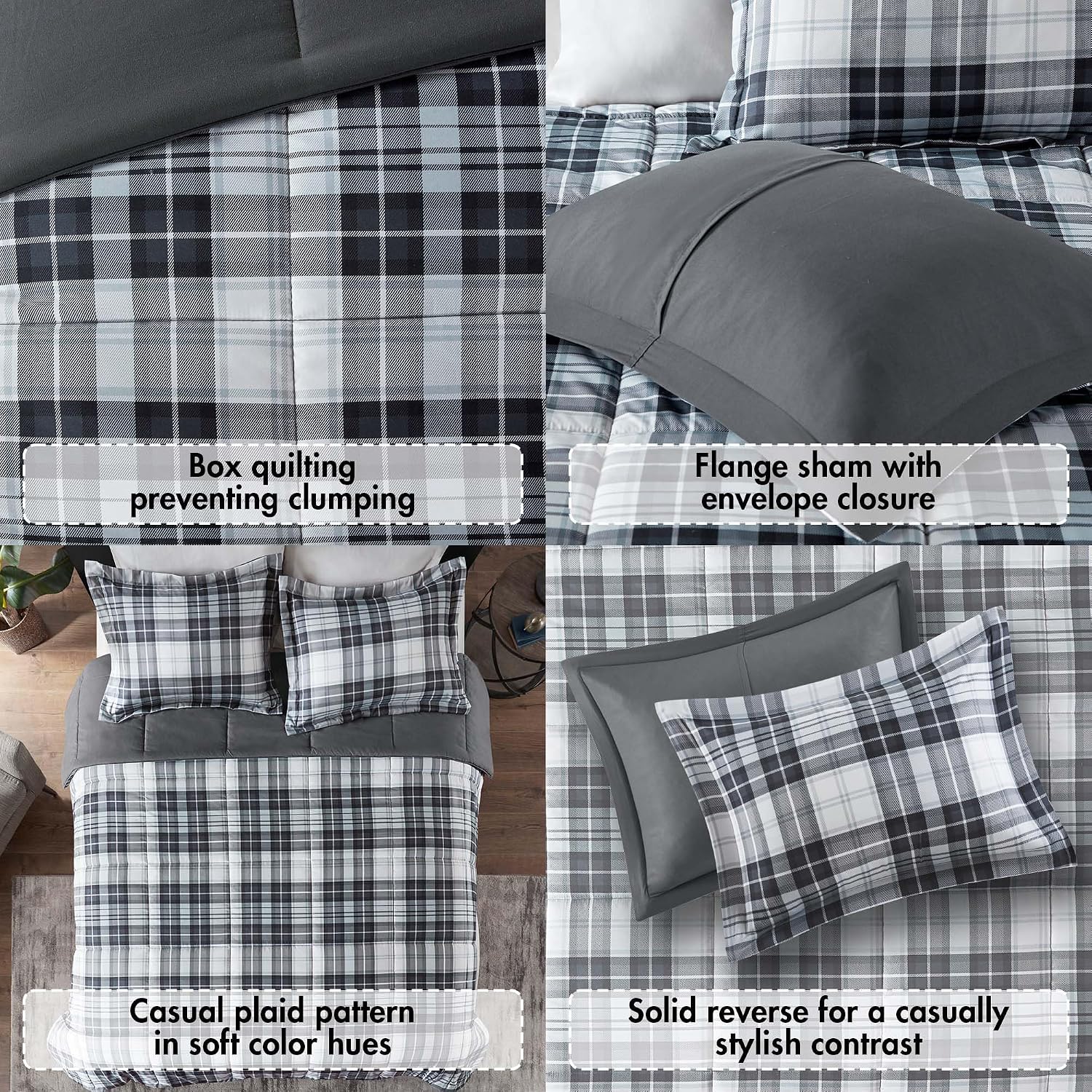 Parkston Plaid Full Queen Comforter Set, 3 Piece Black/White | Soft Microfiber, Cozy Warm All Season Cabin Bedding Set for Boys, Modern, OEKO-TEX, 3M Scotchgard Stain Release