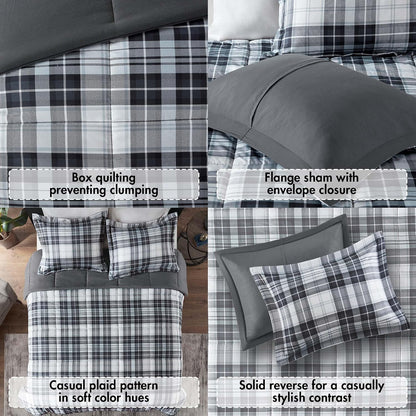Parkston Plaid Full Queen Comforter Set, 3 Piece Black/White | Soft Microfiber, Cozy Warm All Season Cabin Bedding Set for Boys, Modern, OEKO-TEX, 3M Scotchgard Stain Release