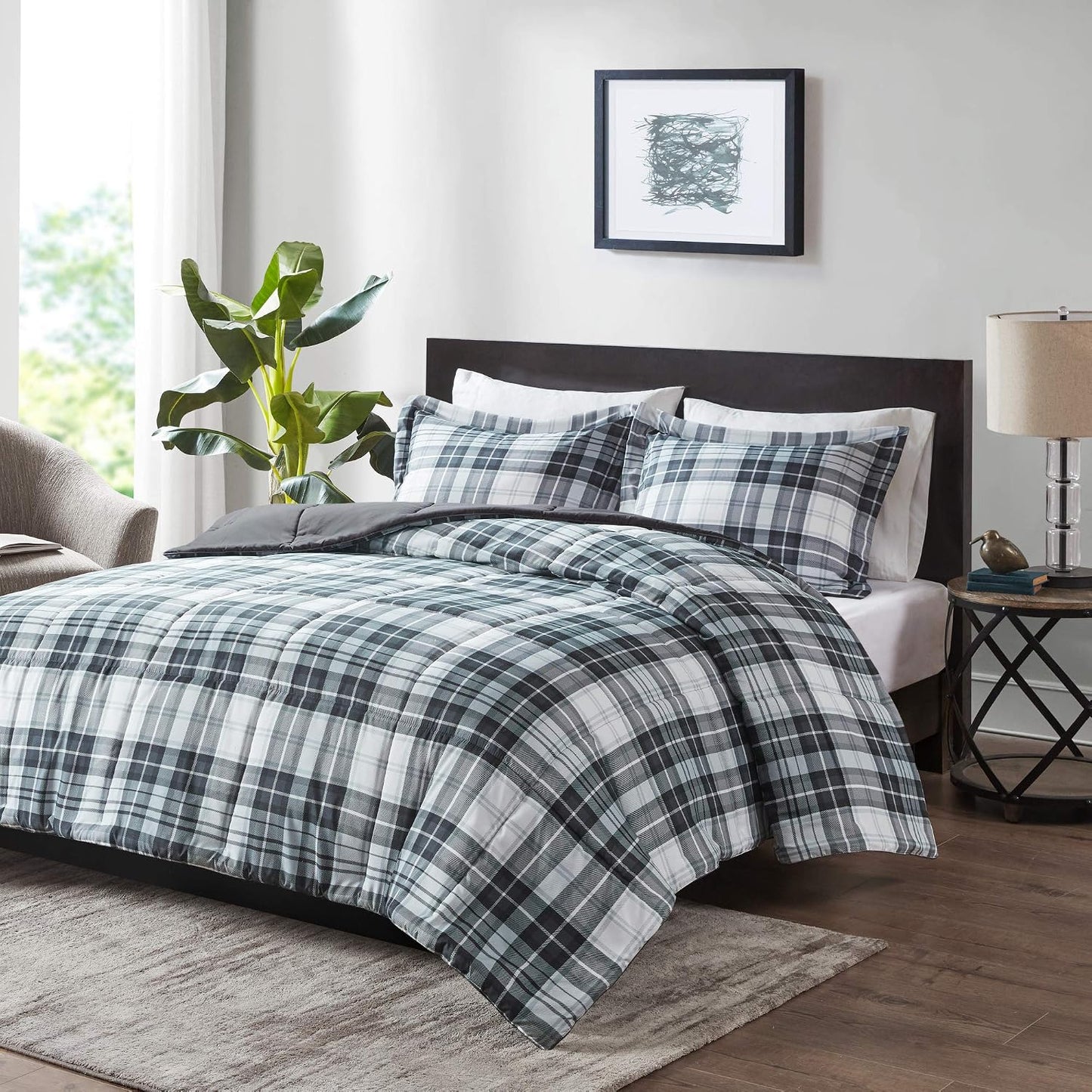 Parkston Plaid Full Queen Comforter Set, 3 Piece Black/White | Soft Microfiber, Cozy Warm All Season Cabin Bedding Set for Boys, Modern, OEKO-TEX, 3M Scotchgard Stain Release