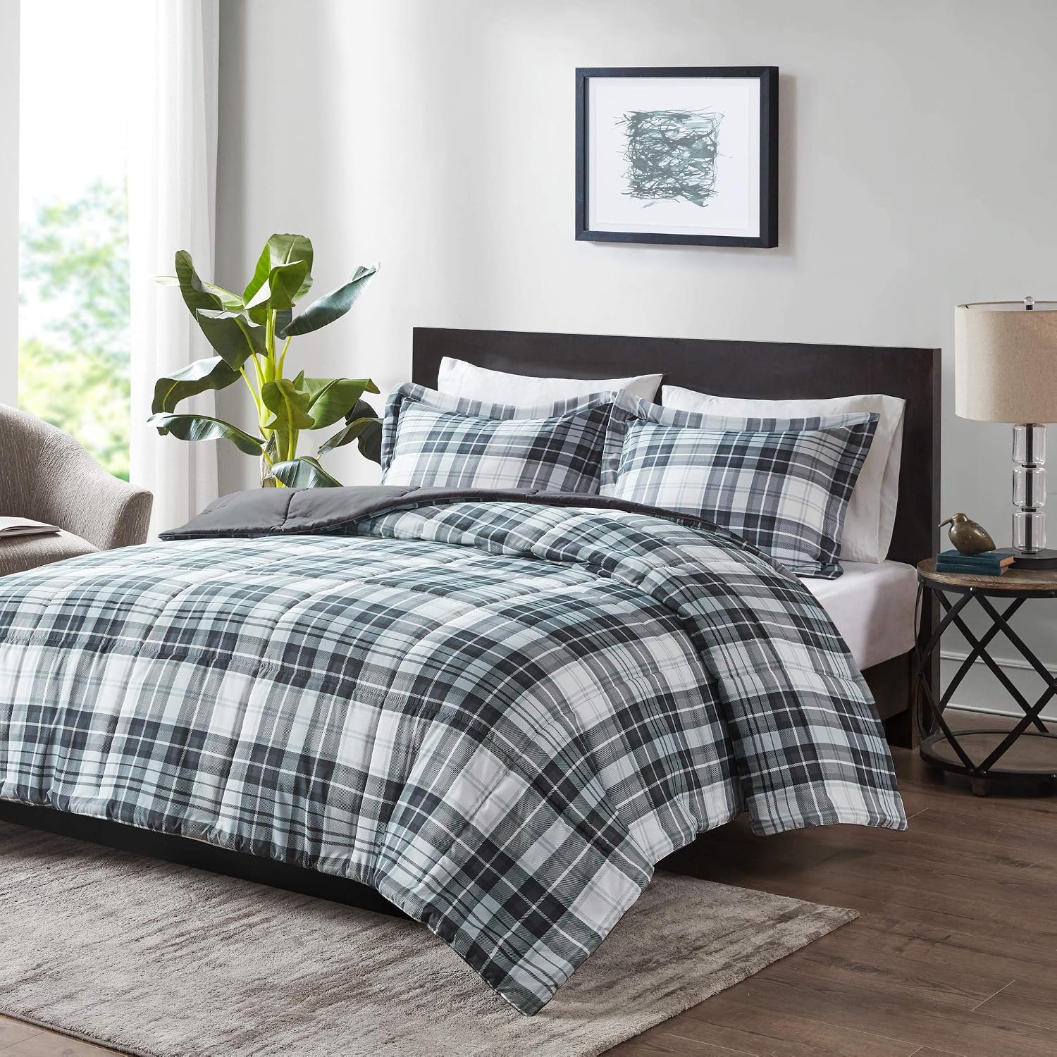 Parkston Plaid Full Queen Comforter Set, 3 Piece Black/White | Soft Microfiber, Cozy Warm All Season Cabin Bedding Set for Boys, Modern, OEKO-TEX, 3M Scotchgard Stain Release