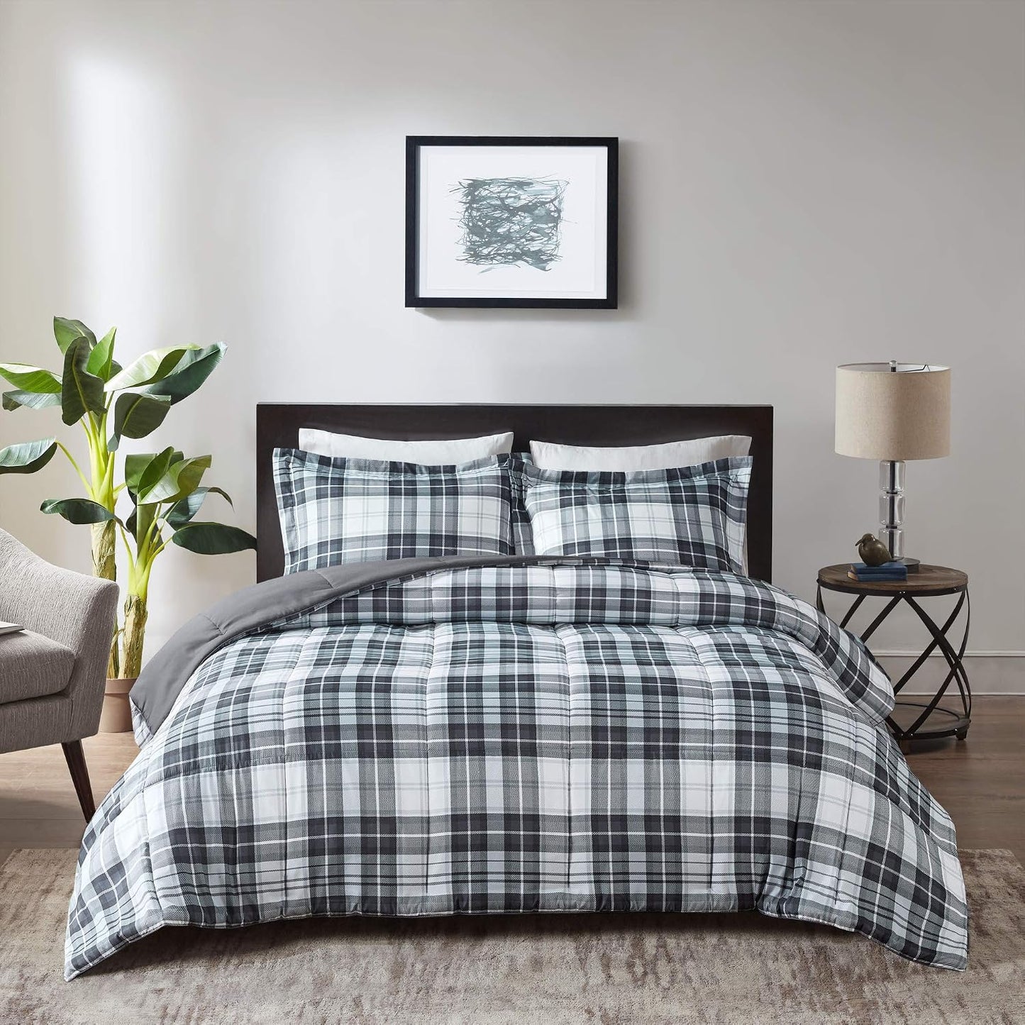 Parkston Plaid Full Queen Comforter Set, 3 Piece Black/White | Soft Microfiber, Cozy Warm All Season Cabin Bedding Set for Boys, Modern, OEKO-TEX, 3M Scotchgard Stain Release