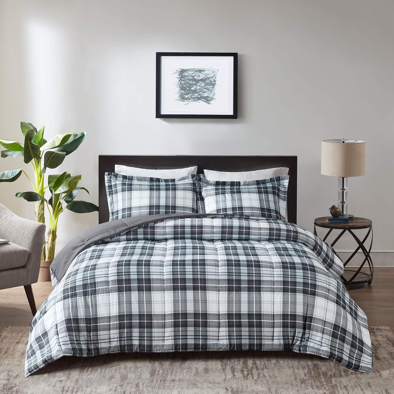 Parkston Plaid Full Queen Comforter Set, 3 Piece Black/White | Soft Microfiber, Cozy Warm All Season Cabin Bedding Set for Boys, Modern, OEKO-TEX, 3M Scotchgard Stain Release