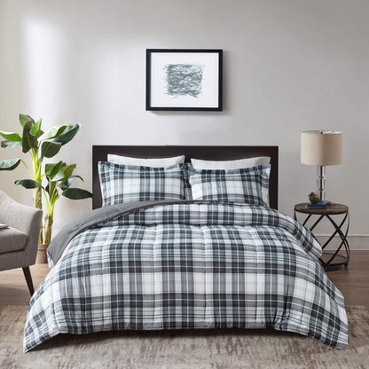Parkston Plaid Full Queen Comforter Set, 3 Piece Black/White | Soft Microfiber, Cozy Warm All Season Cabin Bedding Set for Boys, Modern, OEKO-TEX, 3M Scotchgard Stain Release