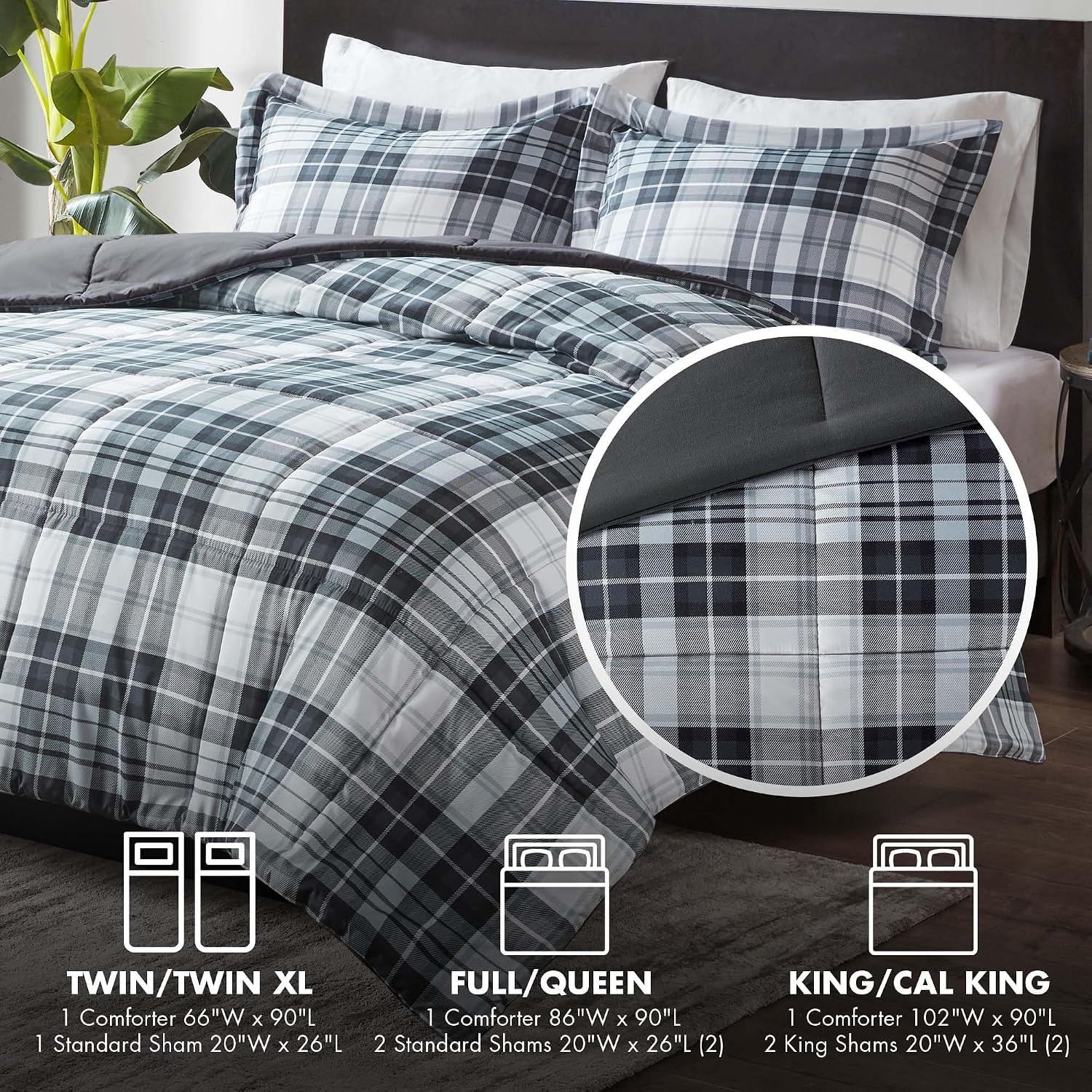 Parkston Plaid Full Queen Comforter Set, 3 Piece Black/White | Soft Microfiber, Cozy Warm All Season Cabin Bedding Set for Boys, Modern, OEKO-TEX, 3M Scotchgard Stain Release