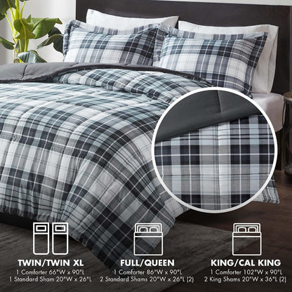 Parkston Plaid Full Queen Comforter Set, 3 Piece Black/White | Soft Microfiber, Cozy Warm All Season Cabin Bedding Set for Boys, Modern, OEKO-TEX, 3M Scotchgard Stain Release