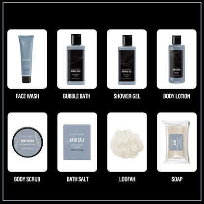 Bath Body Care Spa Gift Basket Sets for Men - 8 Pcs Luxury Leathers Scented Skin Self Care Kit Birthday Gifts for Him Grandpa