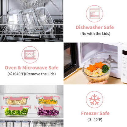 34Pcs Glass Food Storage Containers with Lids Set, Airtight Meal Prep Containers (17 Containers & 17 Lids), Pink
