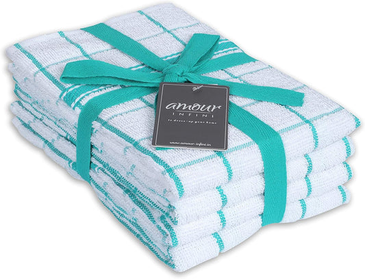 Terry Cotton Kitchen Towels 4-Pack - Large 18 X 28 Inch, Absorbent & Soft Dish Towel with Hanging Loop, Washable Ideal for Cleaning, Drying (Teal)